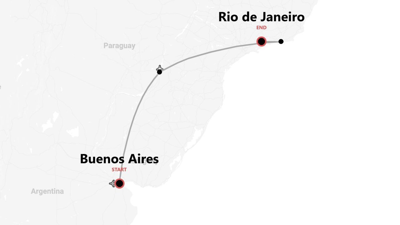 Karte einer Reiseroute von Buenos Aires, Argentinien, nach Rio de Janeiro, Brasilien.