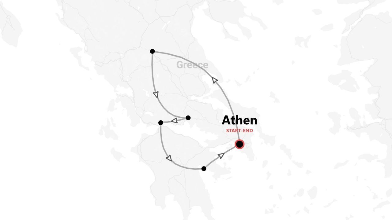 Eine Karte, die eine Rundreise durch Griechenland zeigt, beginnend und endend in Athen.