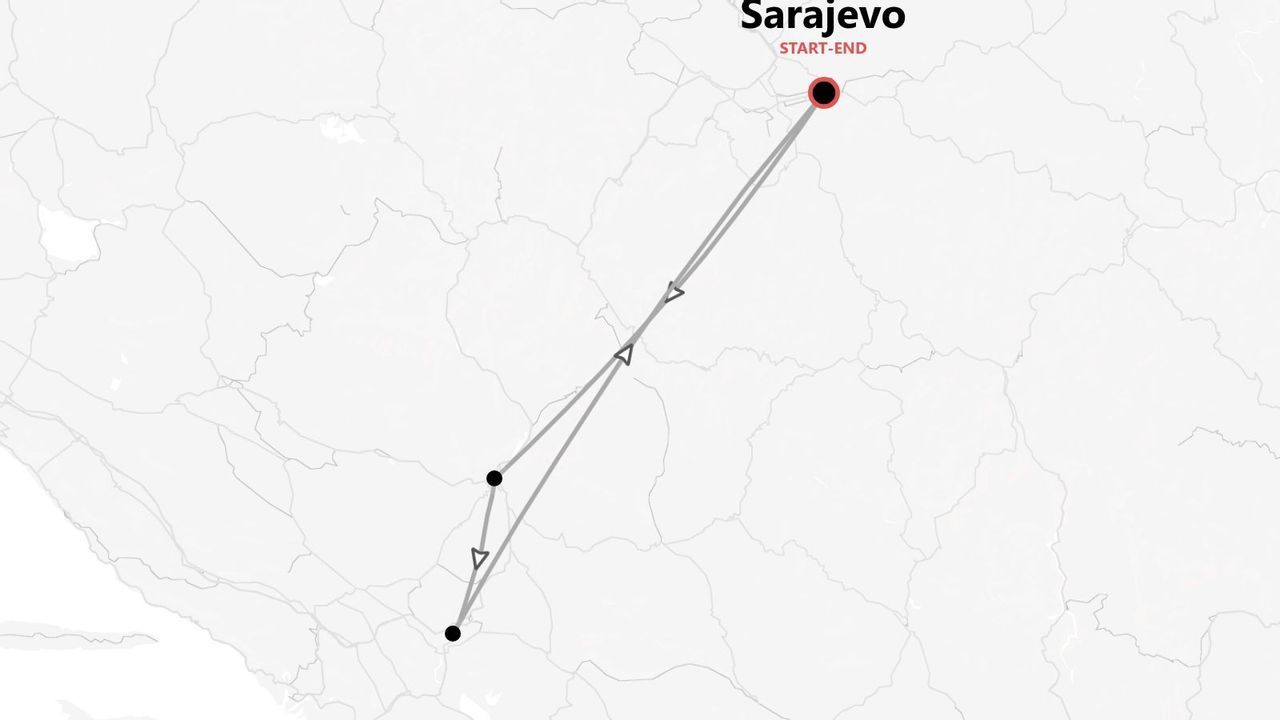 Eine Karte, die eine Reiseroute mit mehreren Stopps darstellt, die in Sarajevo beginnt und endet.