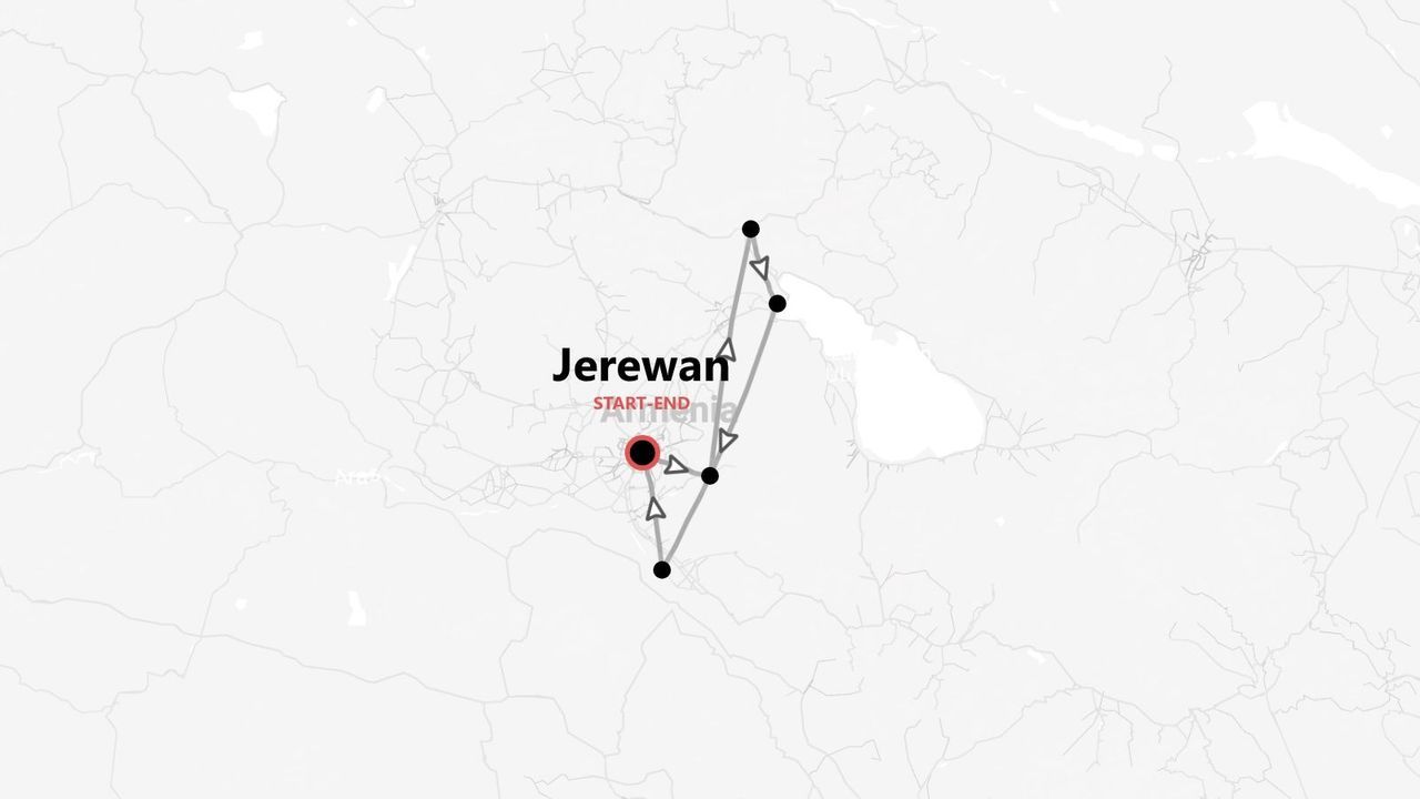 Eine minimalistische Karte Armeniens mit einer Reiseroute, die in Jerewan beginnt und endet und mit einem roten Kreis markiert ist.