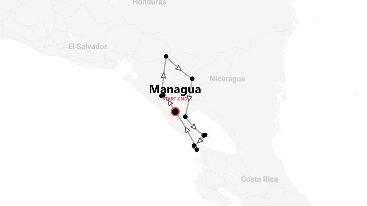 Eine Karte, die eine Reiseroute durch Nicaragua zeigt, mit Start- und Endpunkt in der Stadt Managua.