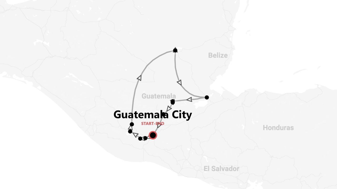 Carte d'un itinéraire de voyage au Guatemala, avec départ et arrivée à Ciudad de Guatemala.