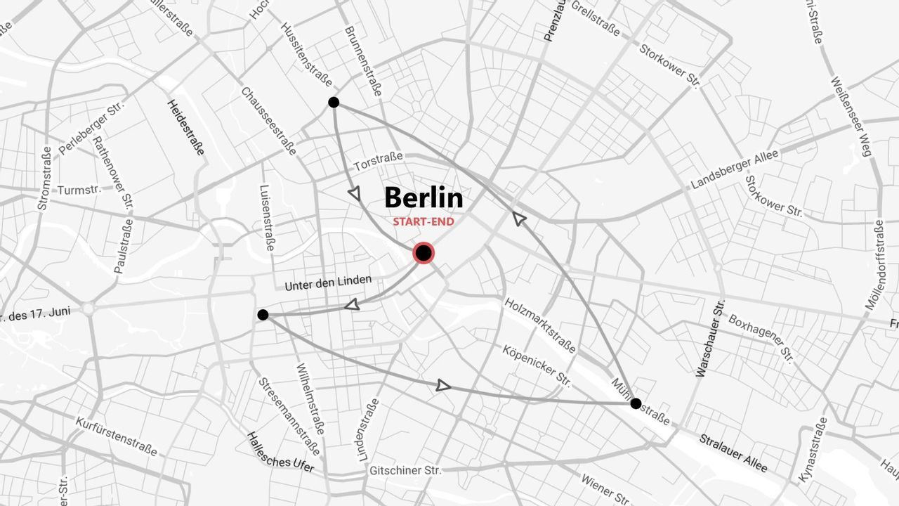 Une carte de rue stylisée de Berlin, Allemagne, présentant un itinéraire de voyage avec un point de départ et d'arrivée central et plusieurs points d'étape.