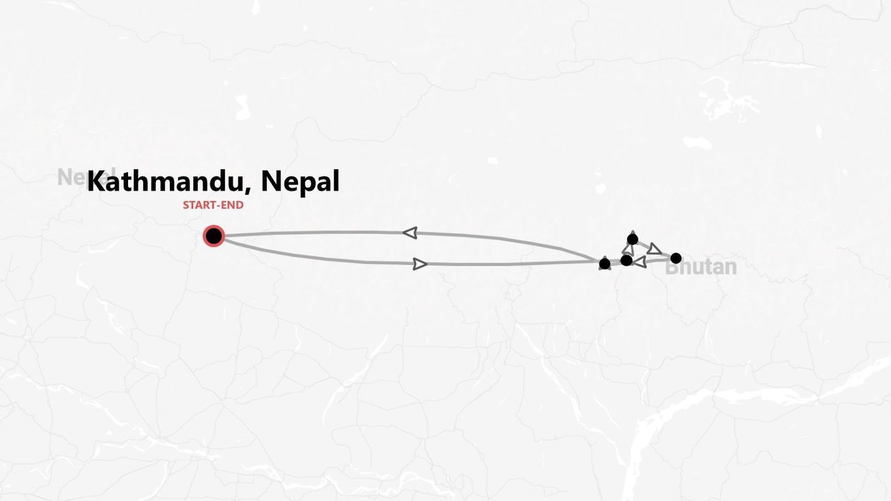 Karte einer Reiseroute, die in Kathmandu, Nepal, beginnt und endet und sich in Richtung Bhutan erstreckt.