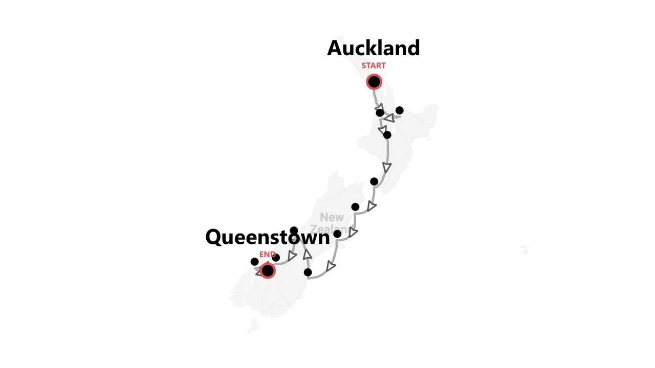 A map of New Zealand showing a travel route starting in Auckland and ending in Queenstown.