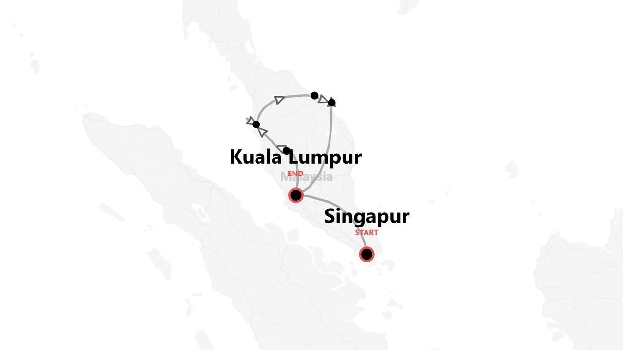 Karte einer Reiseroute von Singapur nach Kuala Lumpur, Malaysia.