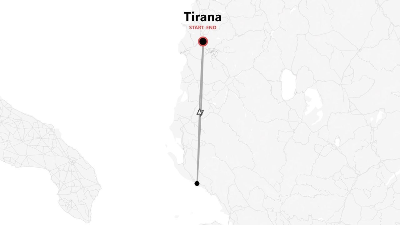 Una mappa minimalista che mostra un itinerario di viaggio che inizia e finisce a Tirana.