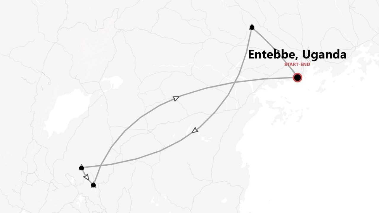 Karte einer Uganda-Rundreise mit Start- und Endpunkt in Entebbe.