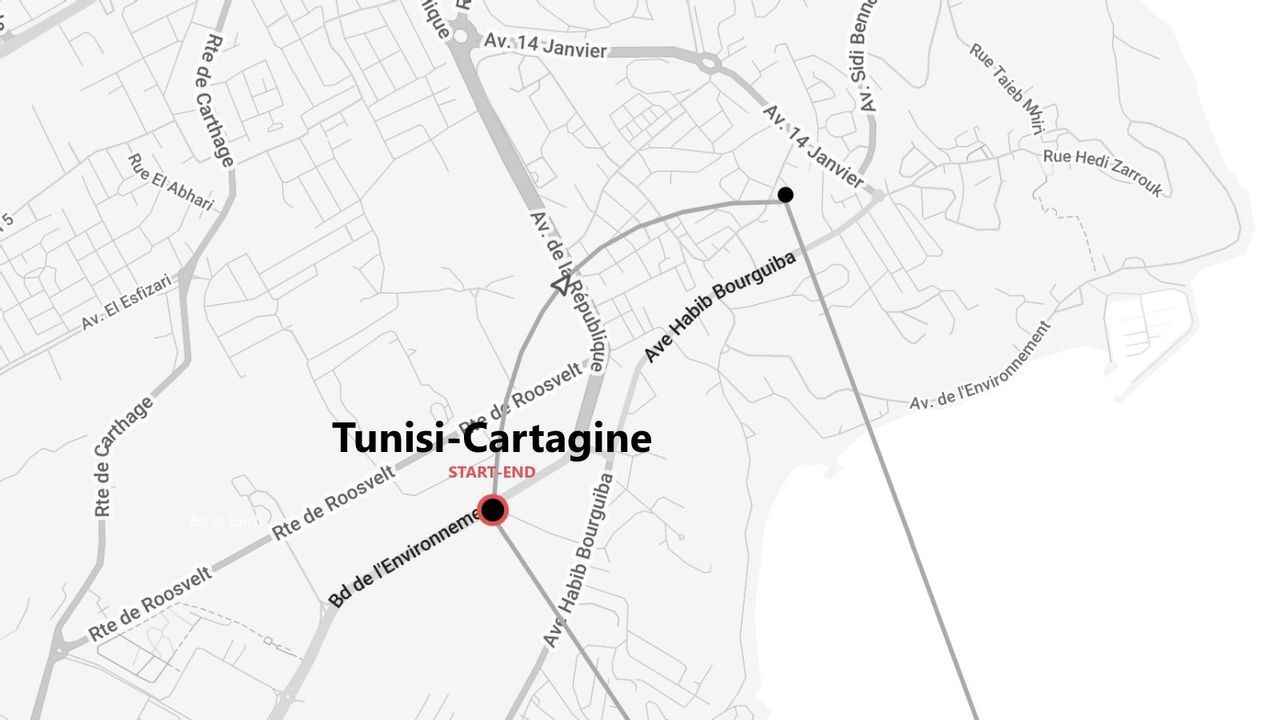 Mappa stradale in bianco e nero che mostra un percorso 'Tunisi-Cartagine' con punti di partenza e arrivo segnati.