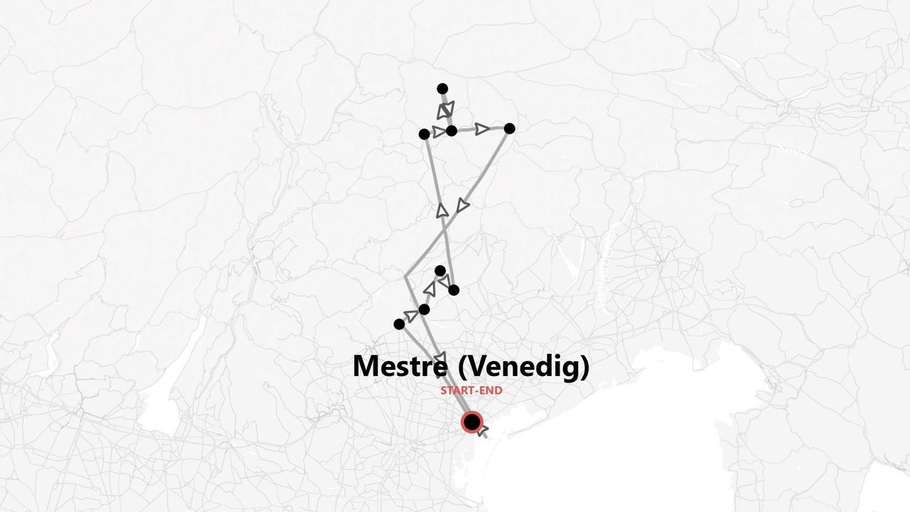 Eine Karte, die eine Reiseroute mit mehreren Stationen zeigt, die in Mestre (Venedig) beginnt und endet.