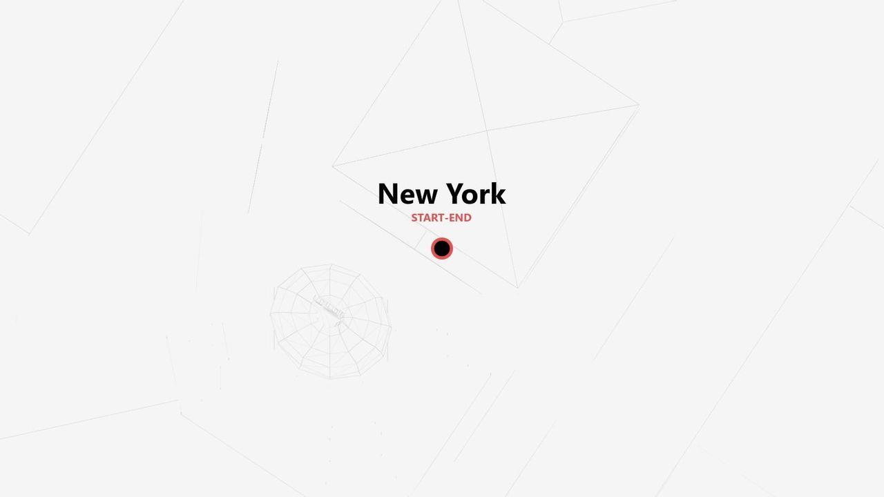 Una grafica di mappa minimalista che mostra New York come punto di partenza e arrivo di un itinerario, contrassegnata da una puntina rossa.