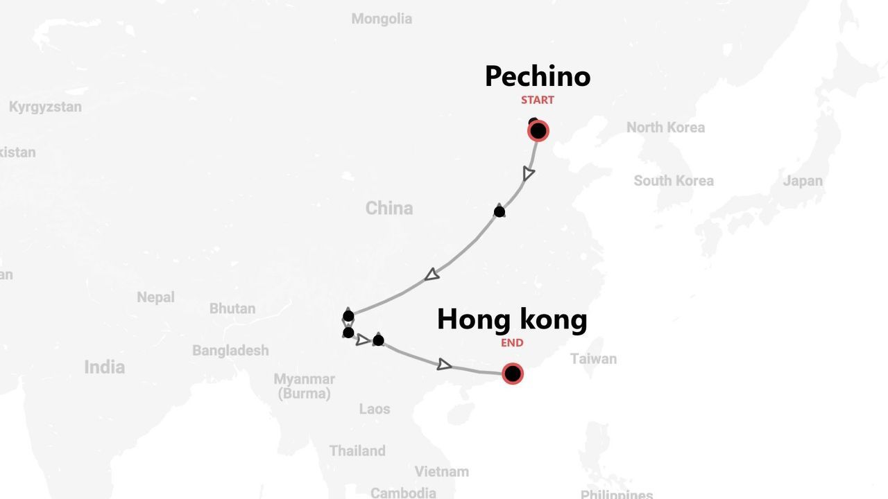 Mappa di un itinerario di viaggio in Cina, da Pechino a Hong Kong.