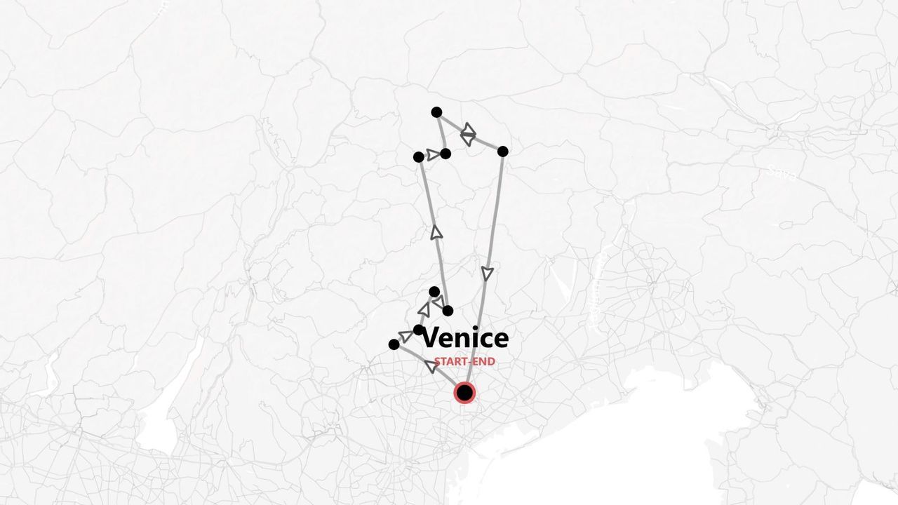 A minimalist map showing a travel route with several stops, starting and ending in the city of Venice.