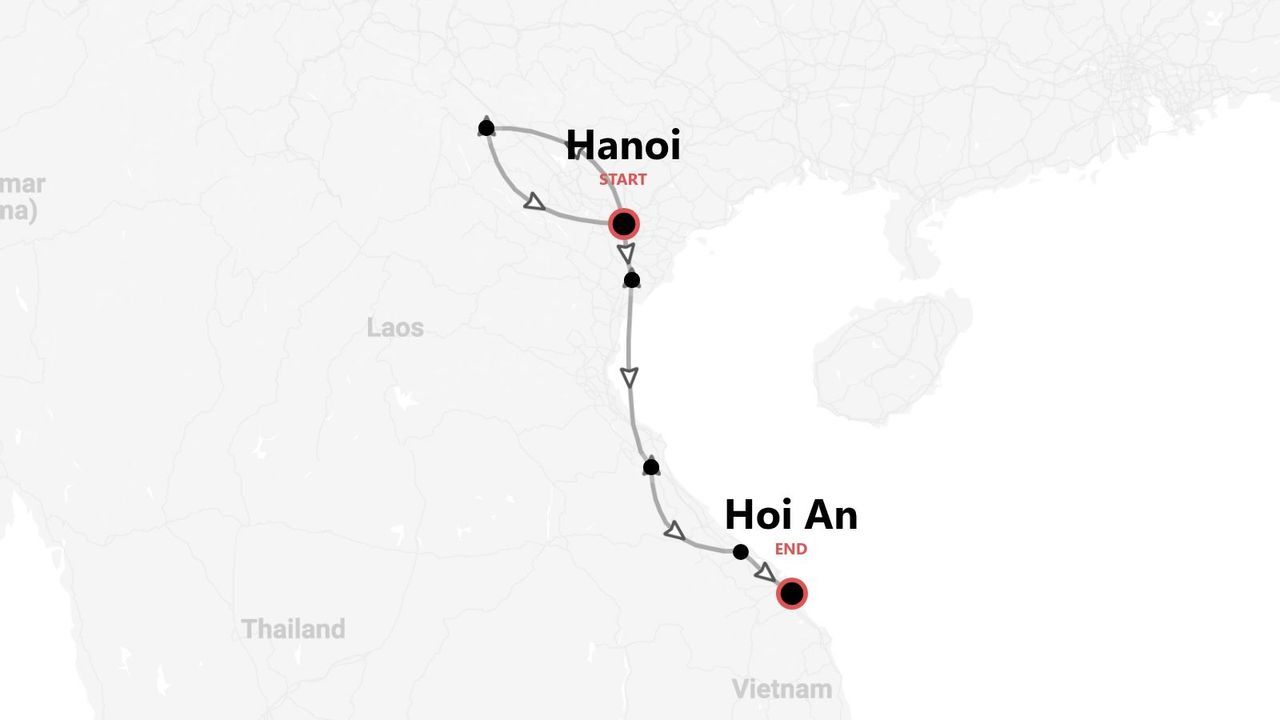 Una mappa del Vietnam che mostra un itinerario di viaggio che inizia ad Hanoi e termina ad Hoi An.