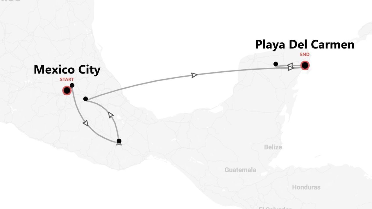 A map showing a tour itinerary across Mexico, starting in Mexico City and ending in Playa Del Carmen.