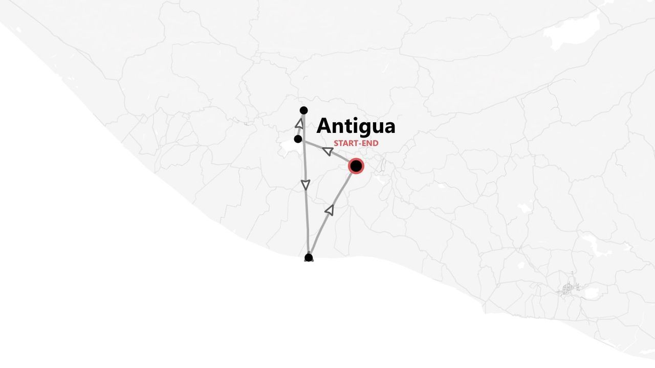Mappa stilizzata di un itinerario di viaggio con diverse tappe, con partenza e arrivo nella città di Antigua.