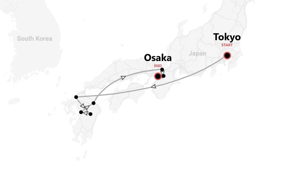 Mappa stilizzata del Giappone con itinerario di viaggio da Tokyo a Osaka.