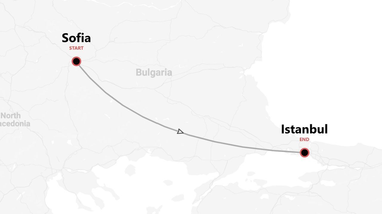Mappa di un itinerario di viaggio da Sofia (Bulgaria) a Istanbul.