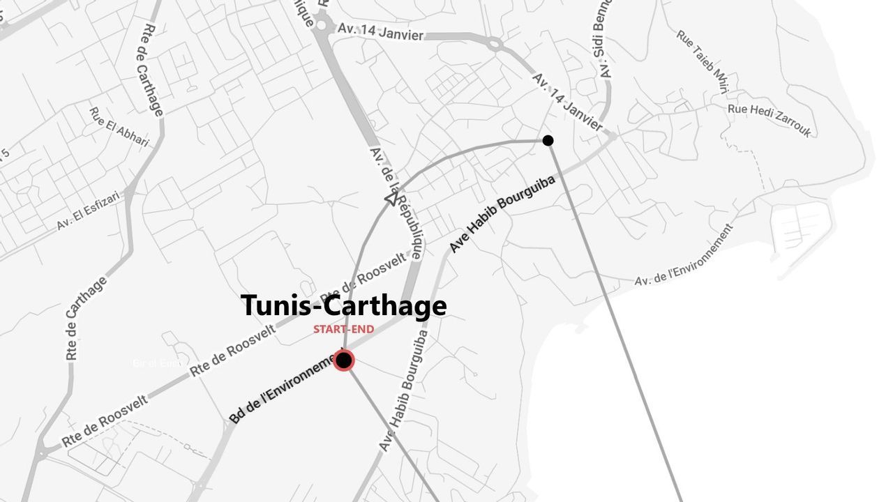 Ein Stadtplan des Gebiets Tunis-Karthago, der eine Route mit einem gemeinsamen Start- und Endpunkt zeigt.