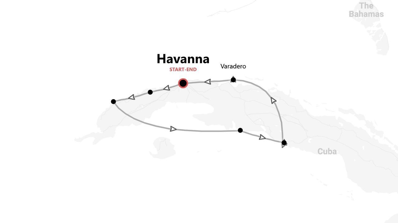 Eine Karte, die eine Reiseroute durch Kuba zeigt, beginnend und endend in Havanna mit einem Halt in Varadero.
