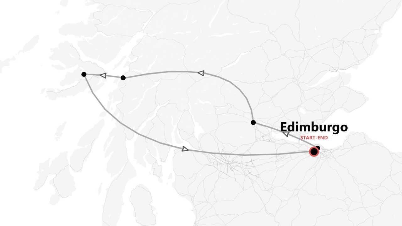 Mappa minimalista della Scozia che mostra un itinerario di viaggio con inizio e fine a Edimburgo, segnata come punto di partenza e arrivo.