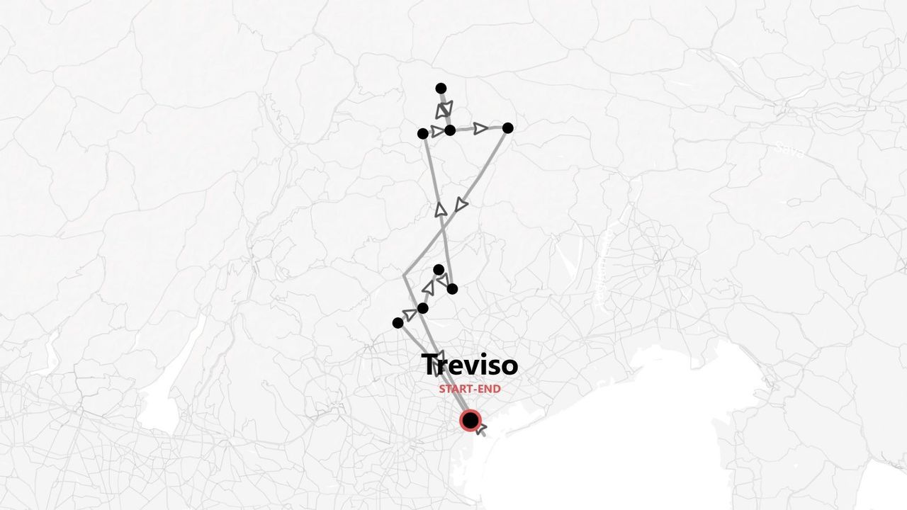 Un mapa en escala de grises que describe un itinerario de viaje con múltiples paradas que empieza y termina en Treviso.
