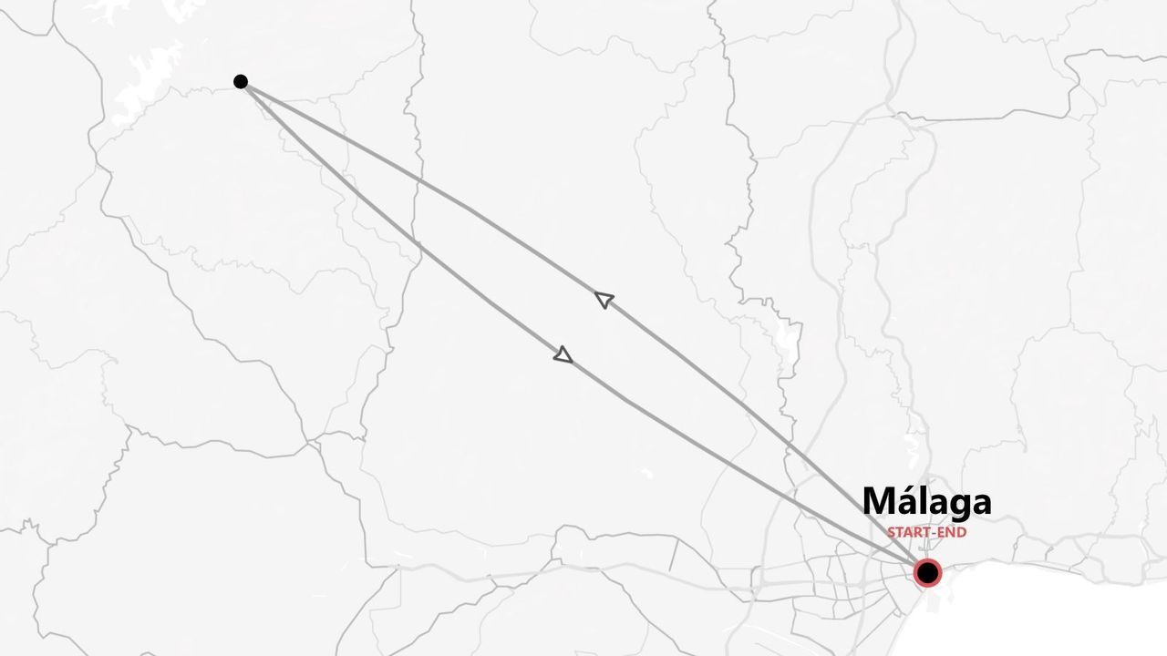 Un mapa estilizado que muestra un itinerario de viaje de ida y vuelta. La ruta, marcada con flechas, empieza y termina en un círculo rojo llamado Málaga.