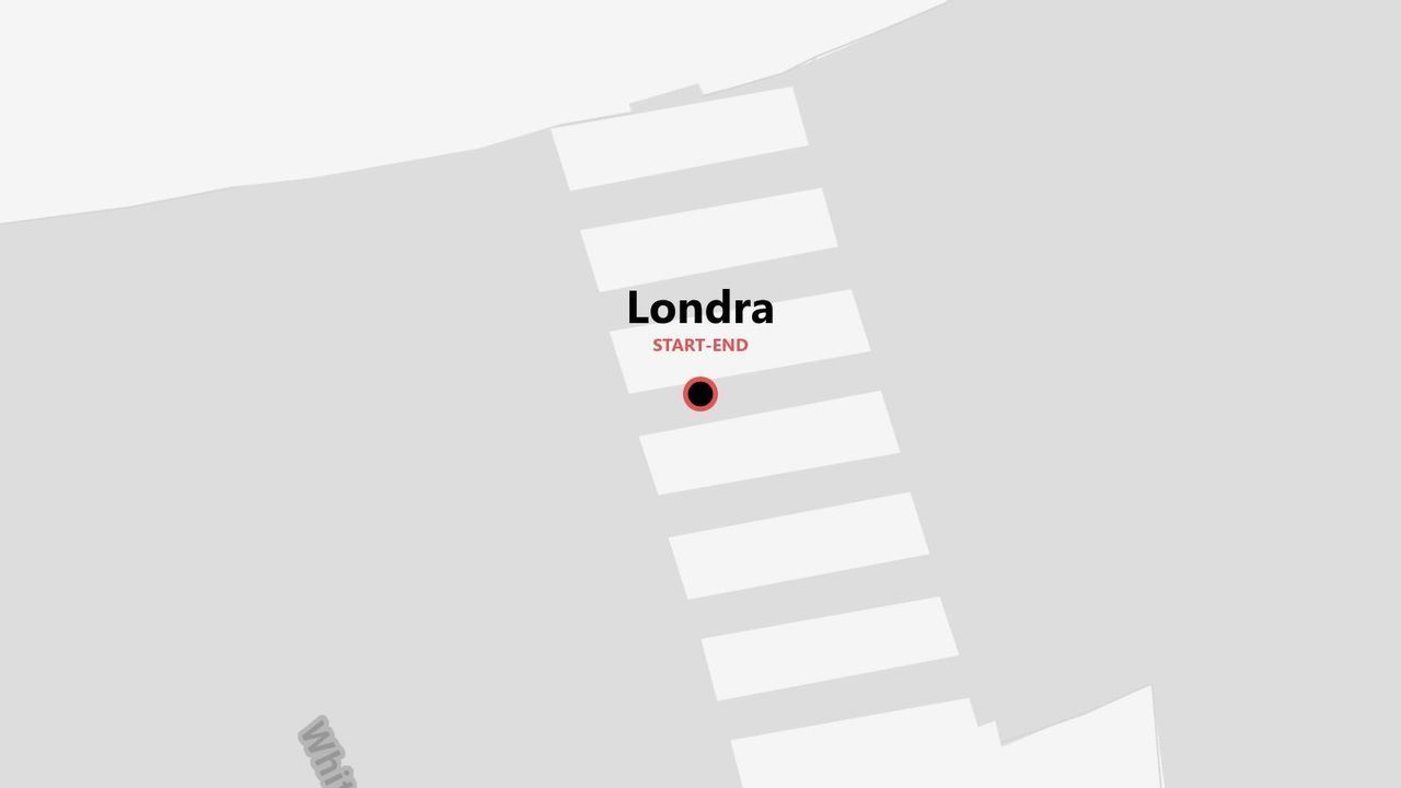 Una mappa minimalista che mostra un percorso di viaggio che inizia e finisce a Londra, contrassegnato da un unico punto.