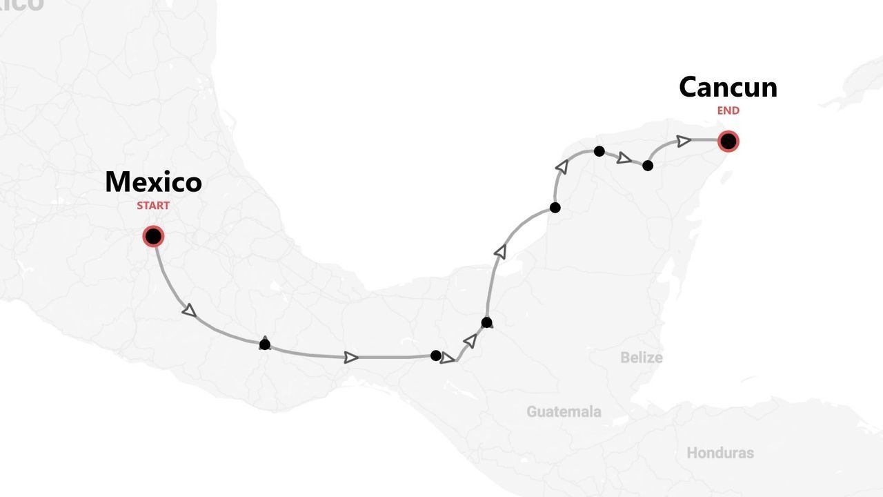 Carte d'un itinéraire de voyage de Mexico à Cancun, avec plusieurs étapes à travers le pays.