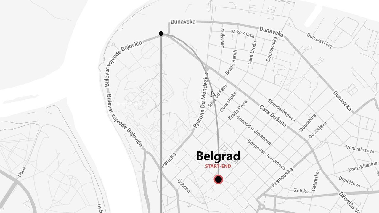 Mapa callejero de Belgrado que muestra una ruta con puntos de inicio y fin en el centro de la ciudad.
