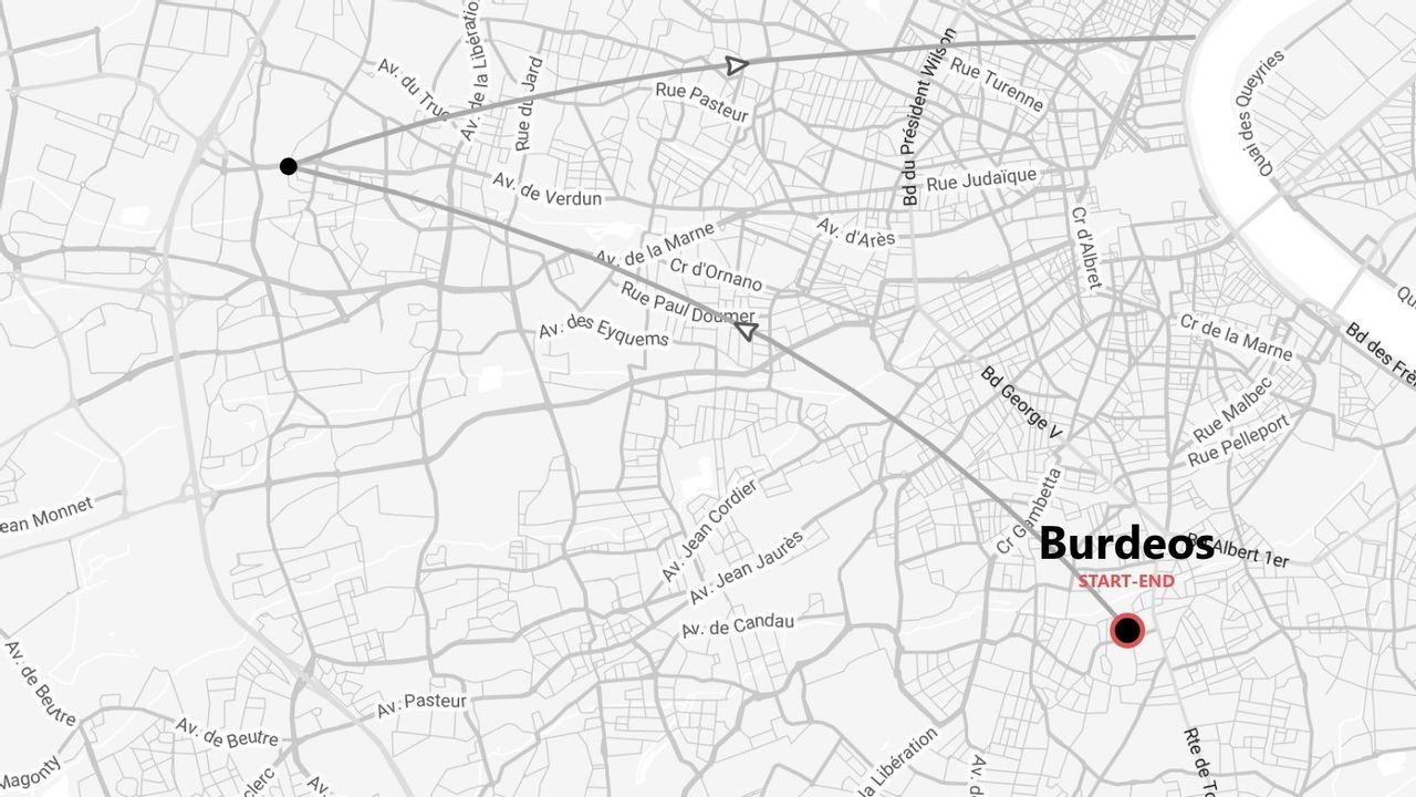 Un mapa callejero en escala de grises de Burdeos que muestra una ruta con un punto de inicio y fin combinado, marcado cerca de Cr Gambetta y Albert 1er.