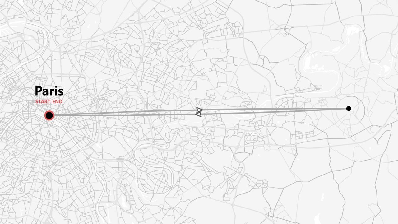 Eine Graustufenkarte, die eine Reiseroute zeigt, die in Paris beginnt und endet, markiert mit einer roten Stecknadel.