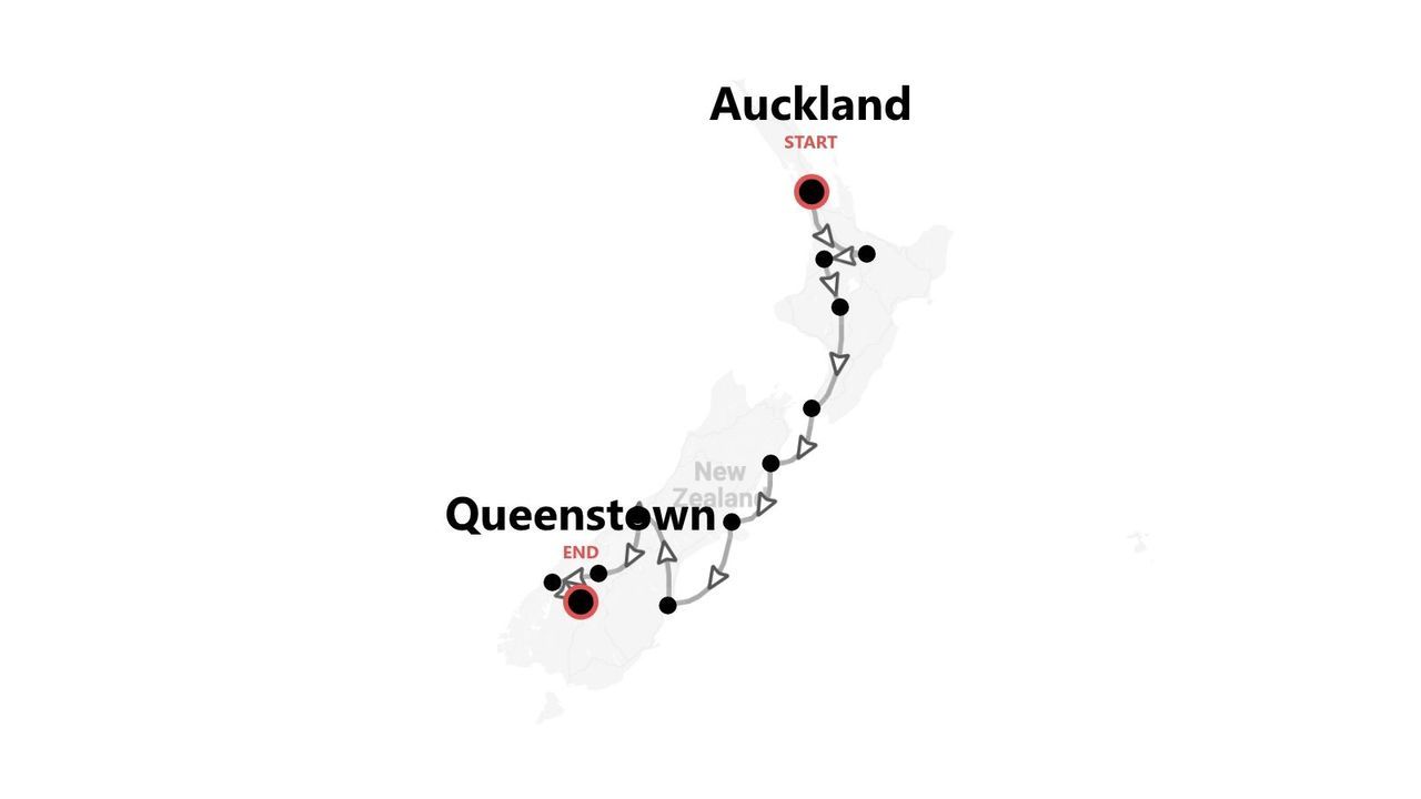 A map of New Zealand showing a travel itinerary with a starting point in Auckland and an ending point in Queenstown.