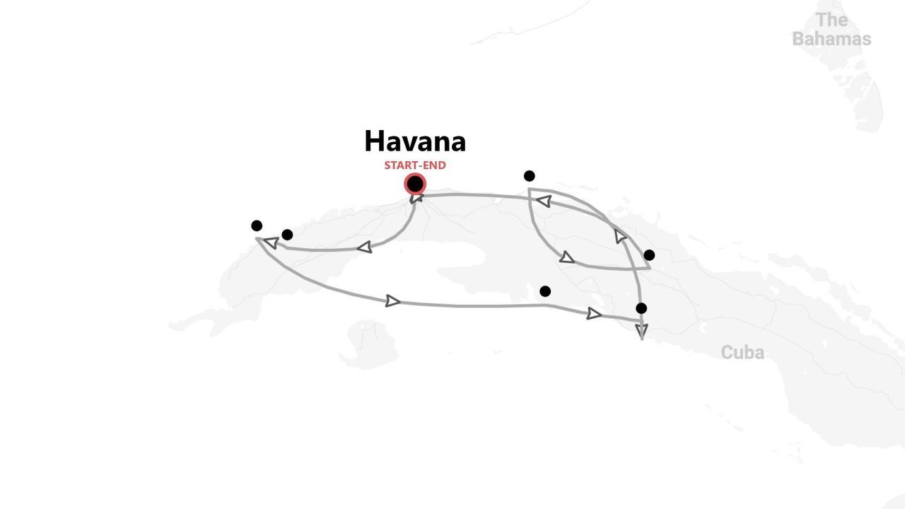 A map showing a tour itinerary across Cuba. The route, marked with a line and arrows, starts and ends in Havana.