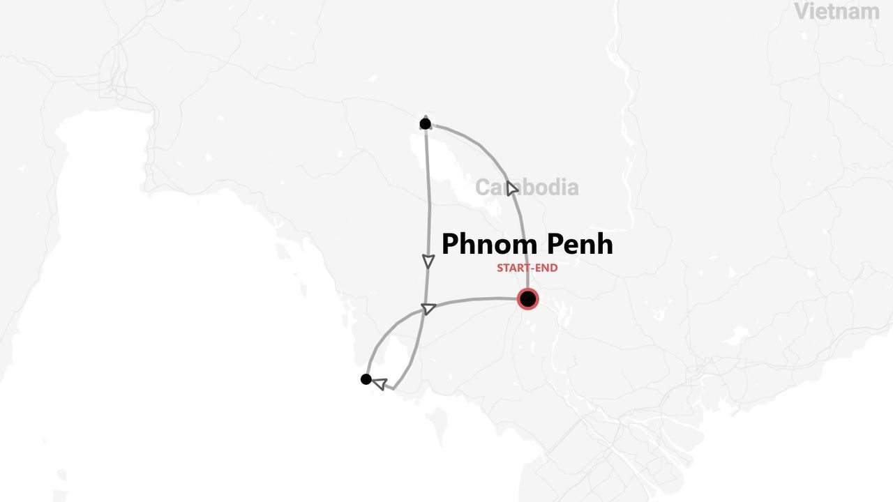 Un mapa minimalista que muestra un itinerario de viaje por Camboya, comenzando y terminando en Phnom Penh.