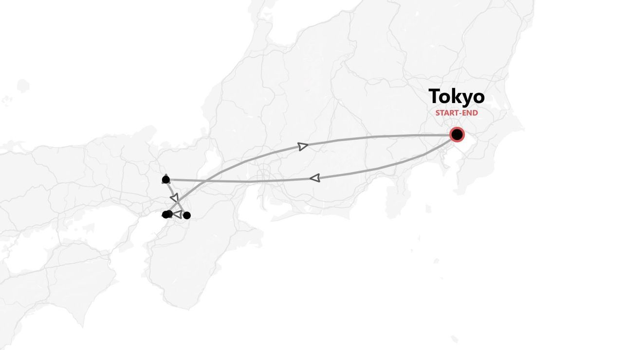 Mappa minimalista del Giappone: itinerario turistico ad anello con partenza e arrivo a Tokyo.
