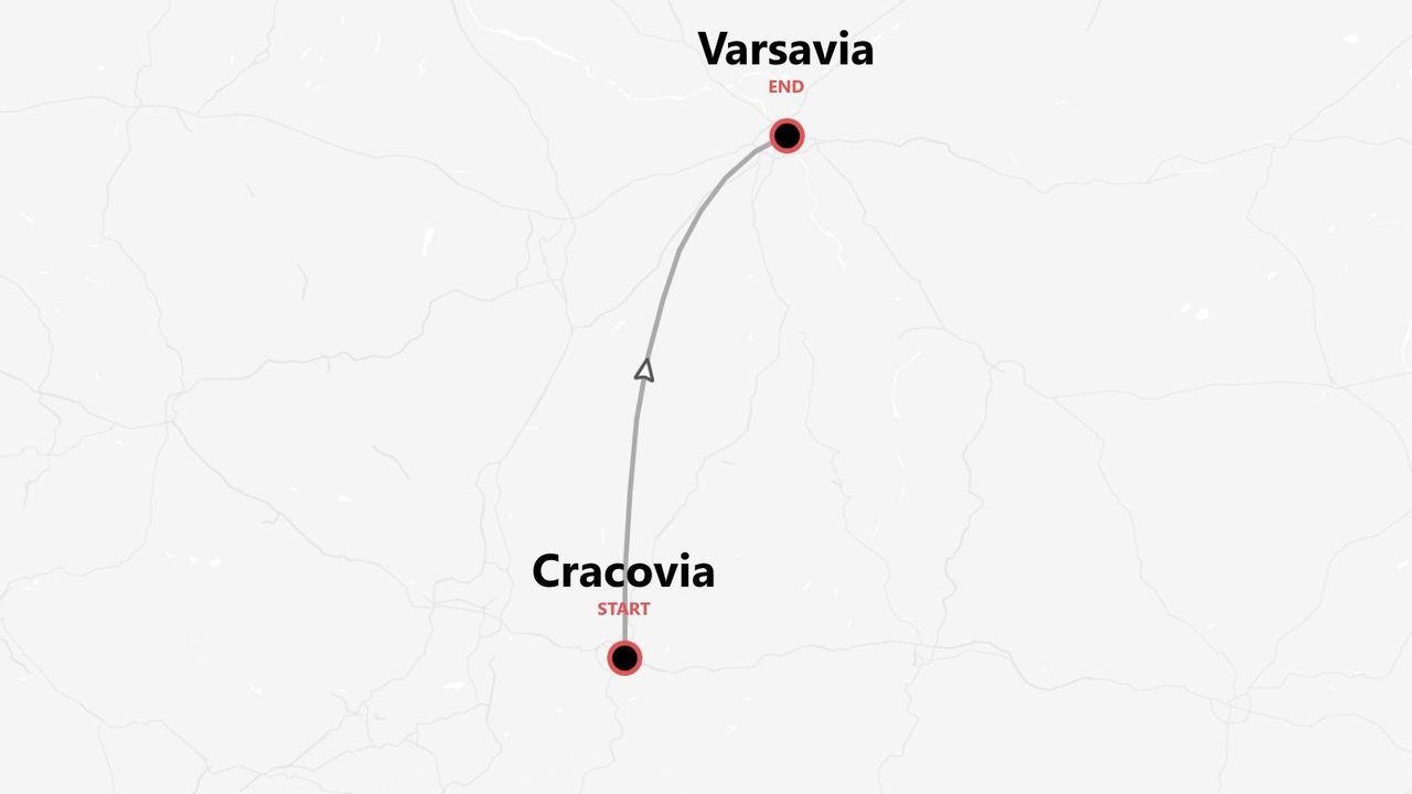 Una mappa che mostra il percorso di viaggio da Cracovia a Varsavia.