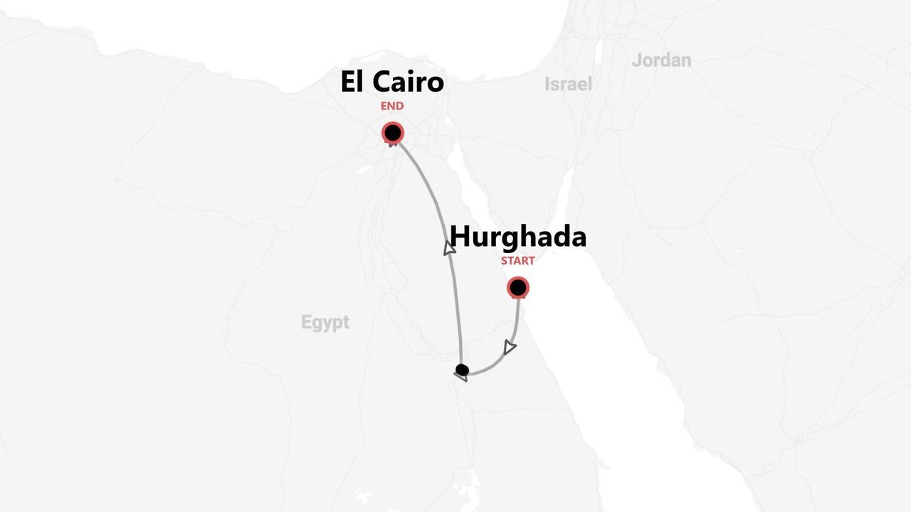 Mapa de ruta de viaje por Egipto, de Hurgada a El Cairo.