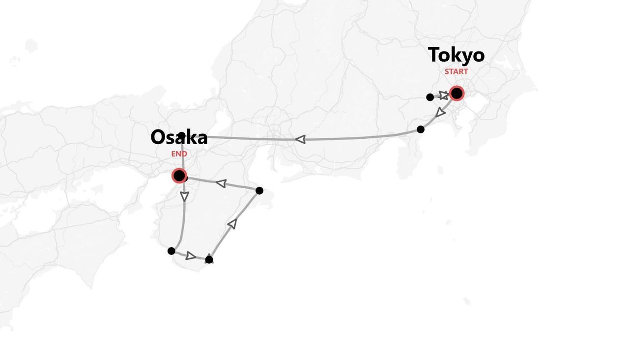 Mappa del Giappone con un itinerario di viaggio da Tokyo a Osaka