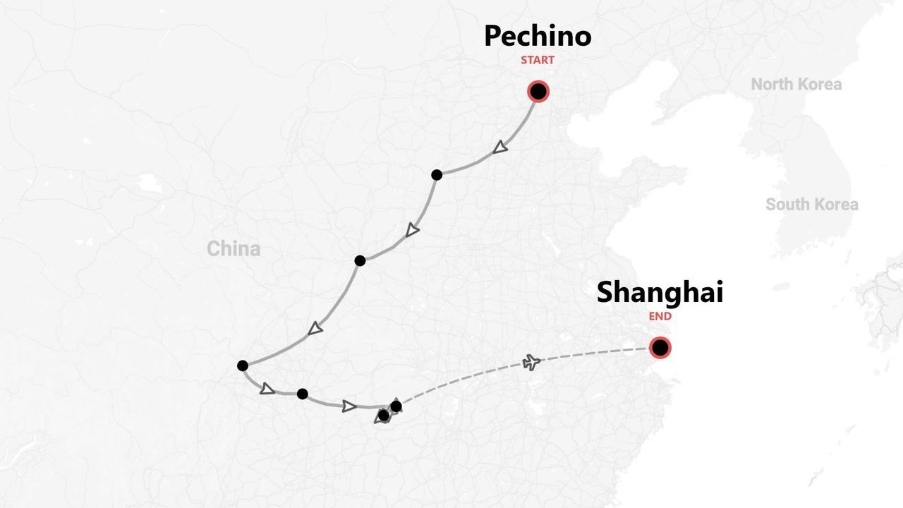 Mappa di un itinerario di viaggio in Cina, da Pechino a Shanghai, con tappe via terra e un volo finale.