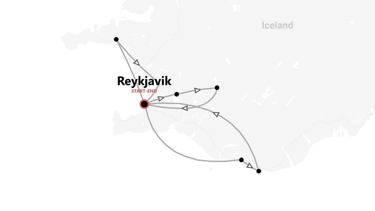 Mappa di un itinerario di viaggio in Islanda, che inizia e termina a Reykjavik.