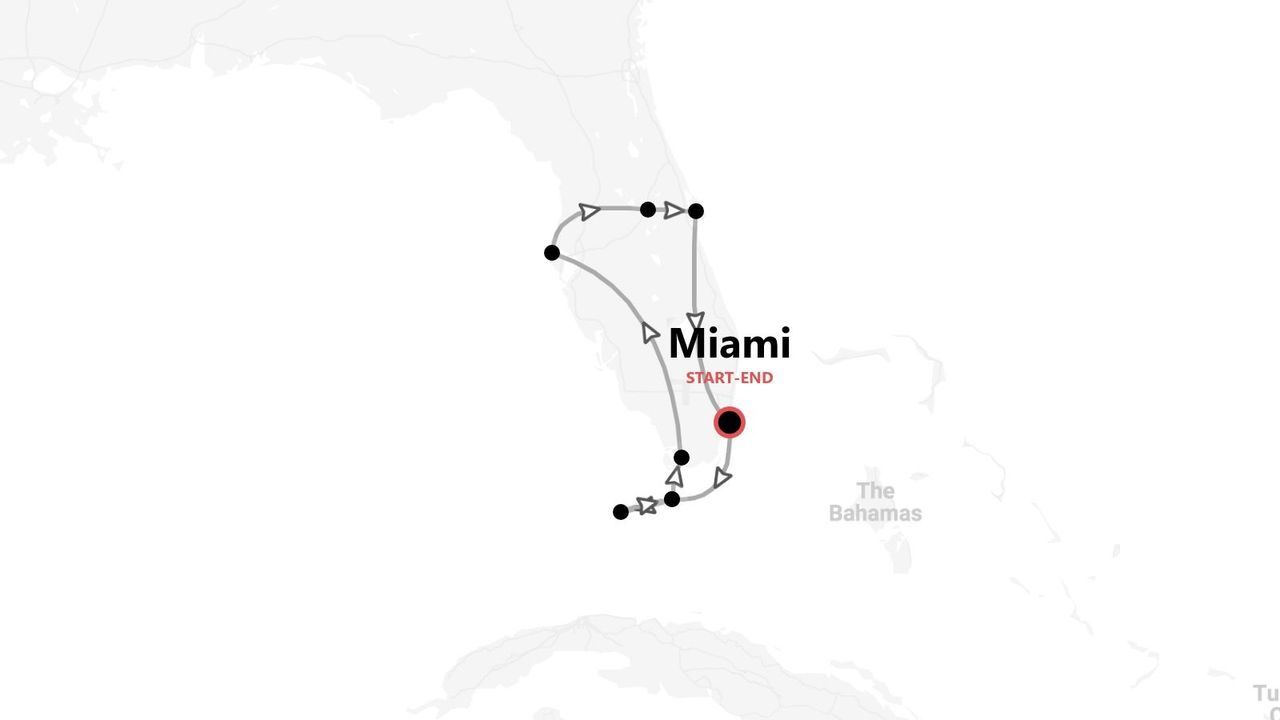 Mappa minimalista che mostra un itinerario di viaggio in Florida, con inizio e fine a Miami.