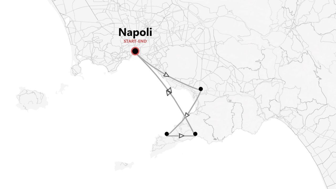 Mappa in scala di grigi che mostra un itinerario di viaggio con partenza e arrivo a Napoli.