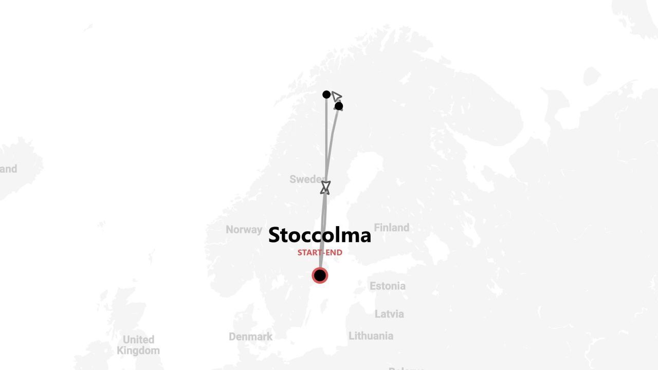 Una mappa della Scandinavia che mostra un itinerario di viaggio che inizia e finisce a Stoccolma, con il percorso che si estende a nord attraverso la Svezia.