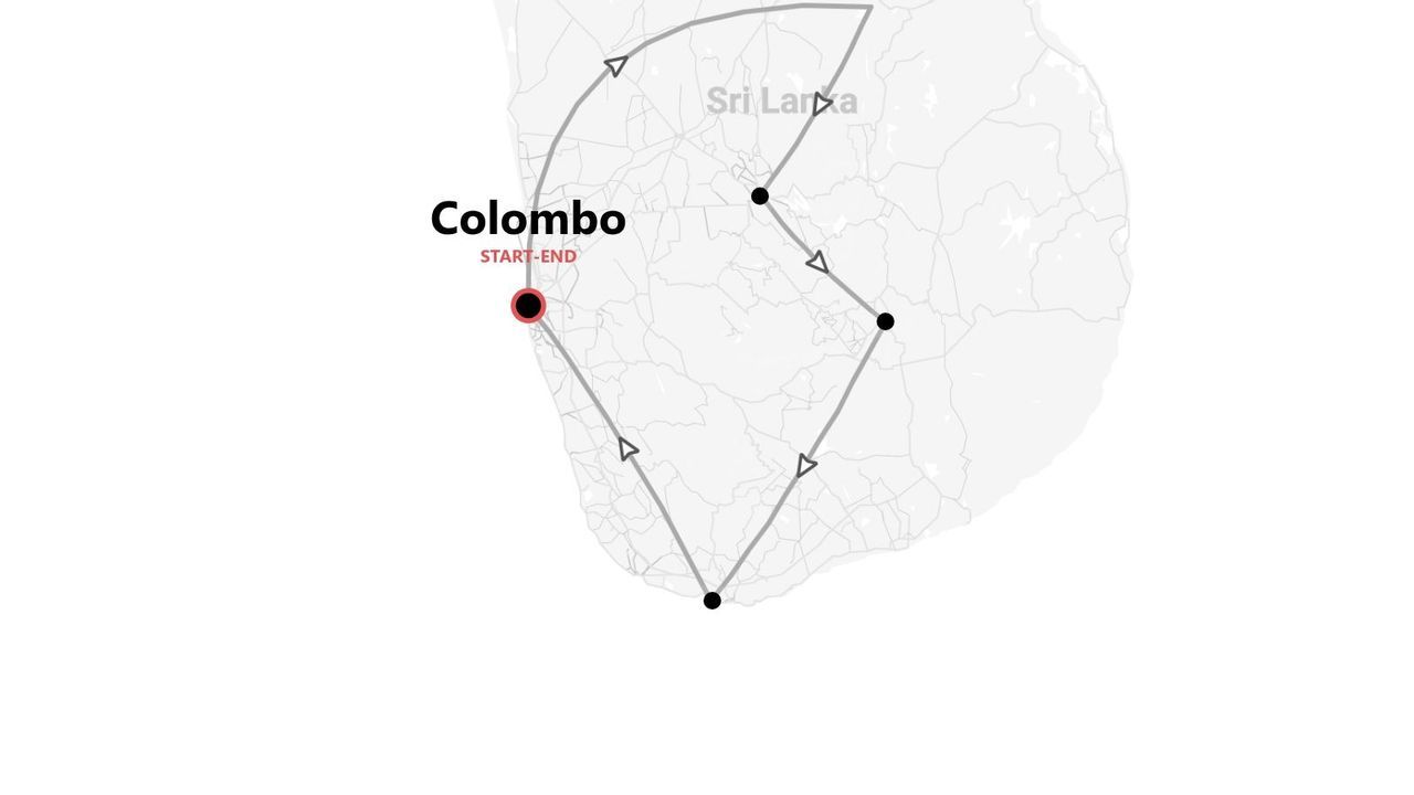 Mappa in scala di grigi di un itinerario di viaggio nello Sri Lanka, con partenza e arrivo nella città di Colombo.