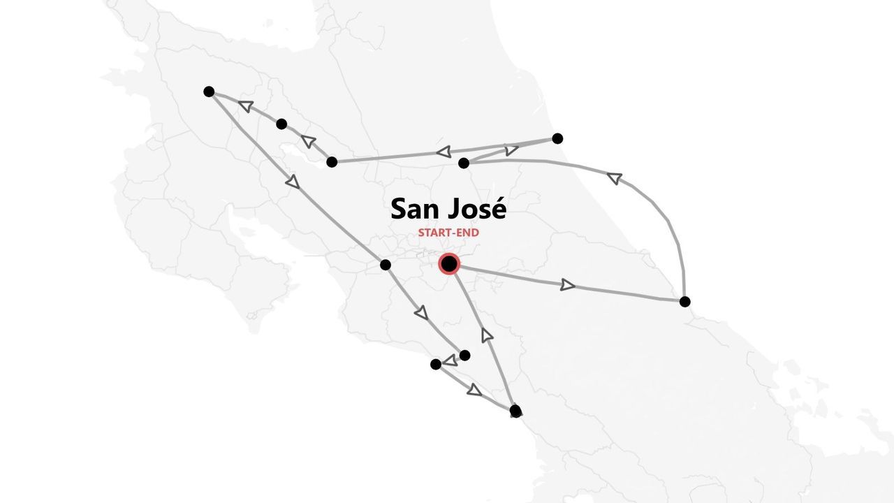 Una mappa in bianco e nero che illustra un itinerario di viaggio. Il percorso inizia e finisce in un punto centrale contrassegnato 'San José'.