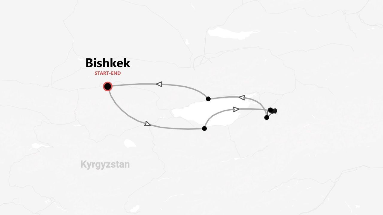 Mappa del Kirghizistan che mostra un itinerario di viaggio circolare con partenza e arrivo nella città di Bishkek.