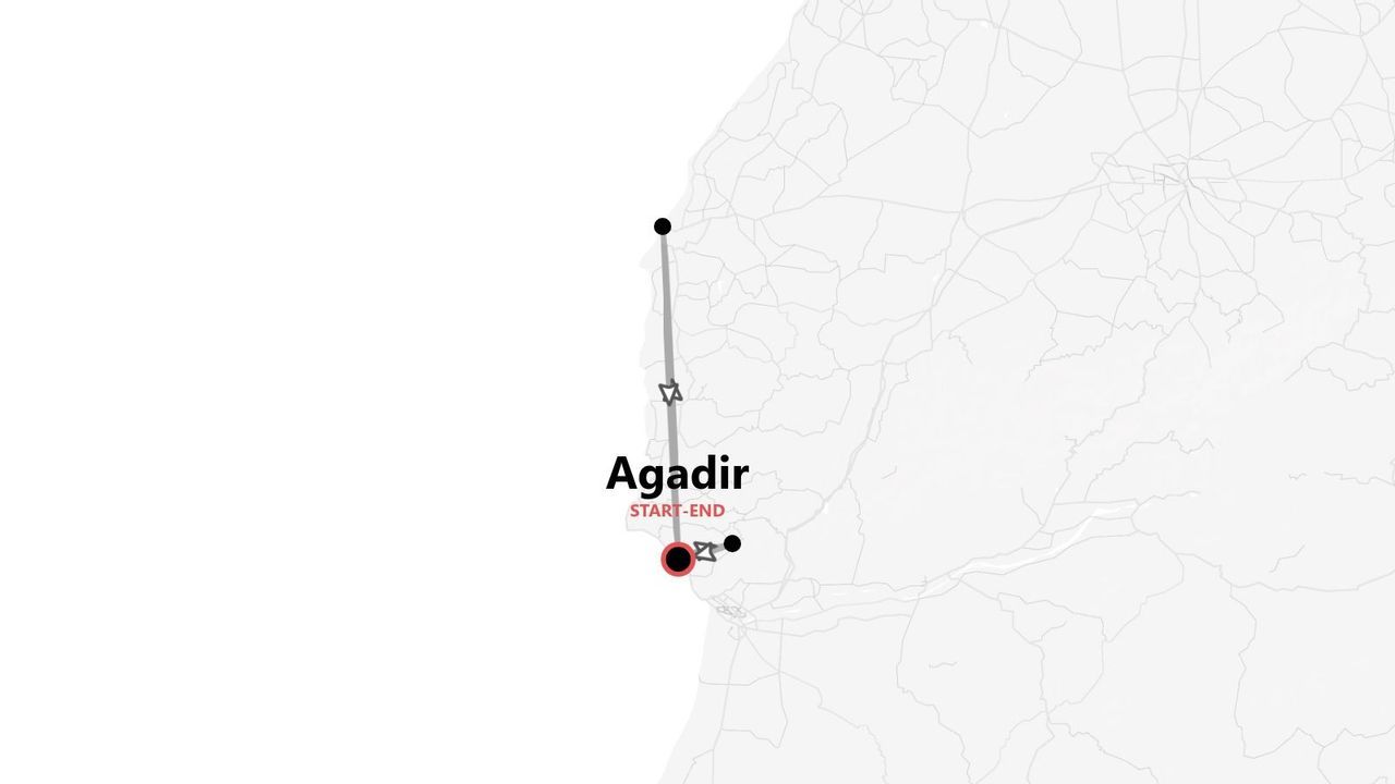 Una mappa minimalista che mostra un itinerario di viaggio con inizio e fine ad Agadir, segnata da una puntina rossa.