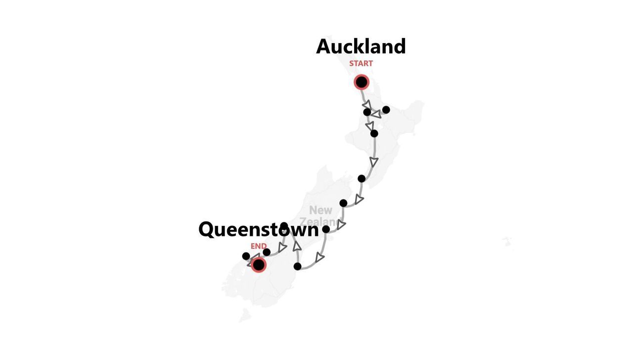 Eine Reiseroutenkarte für Neuseeland, die eine Route vom Startpunkt Auckland bis zum Endpunkt Queenstown zeigt.
