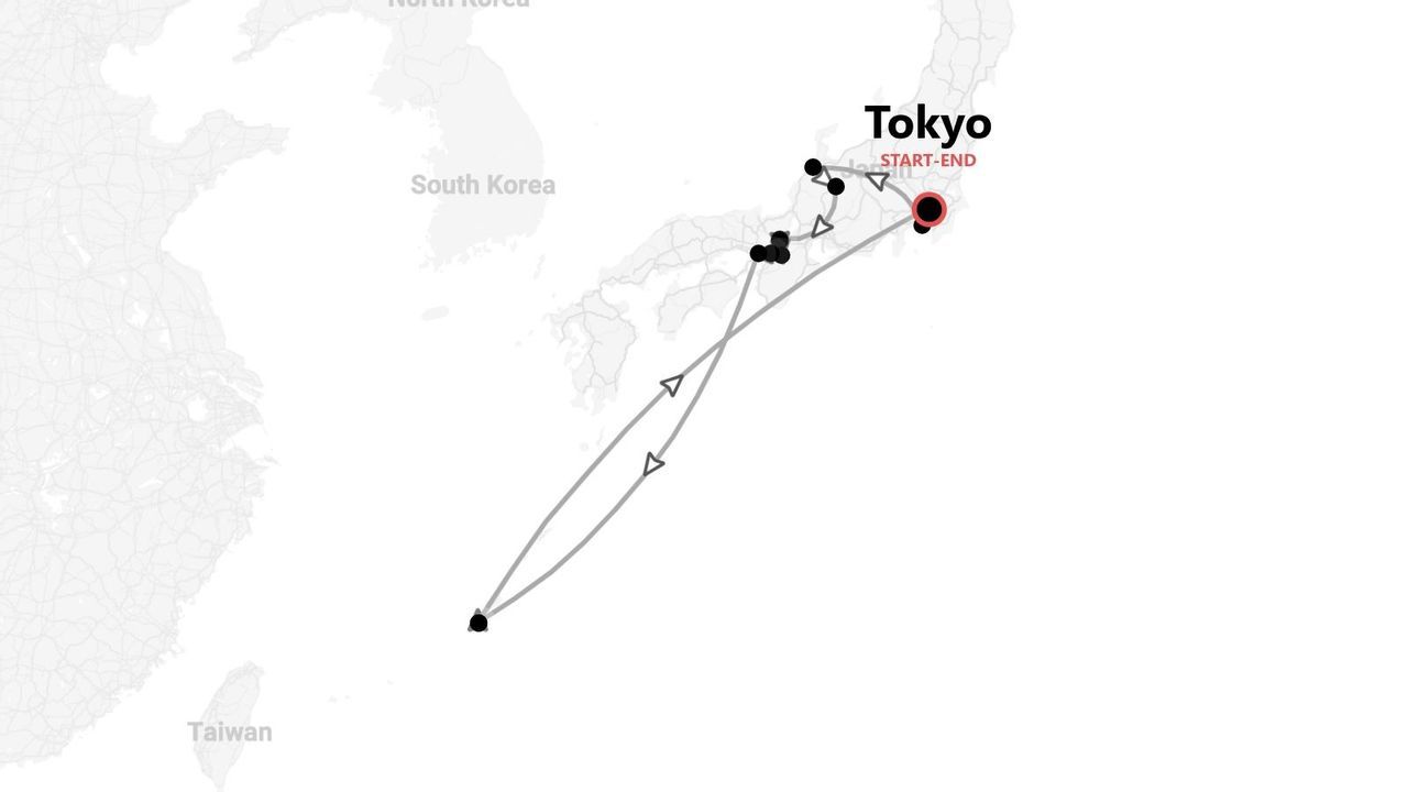 Una mappa che mostra un itinerario di viaggio per il Giappone, con partenza e arrivo a Tokyo, e un percorso che si estende a sud verso Taiwan.